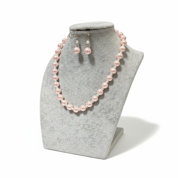 Hand Crafted Pink And White Glass faux Pearl Necklace Earring Set - Picture 1 of 2